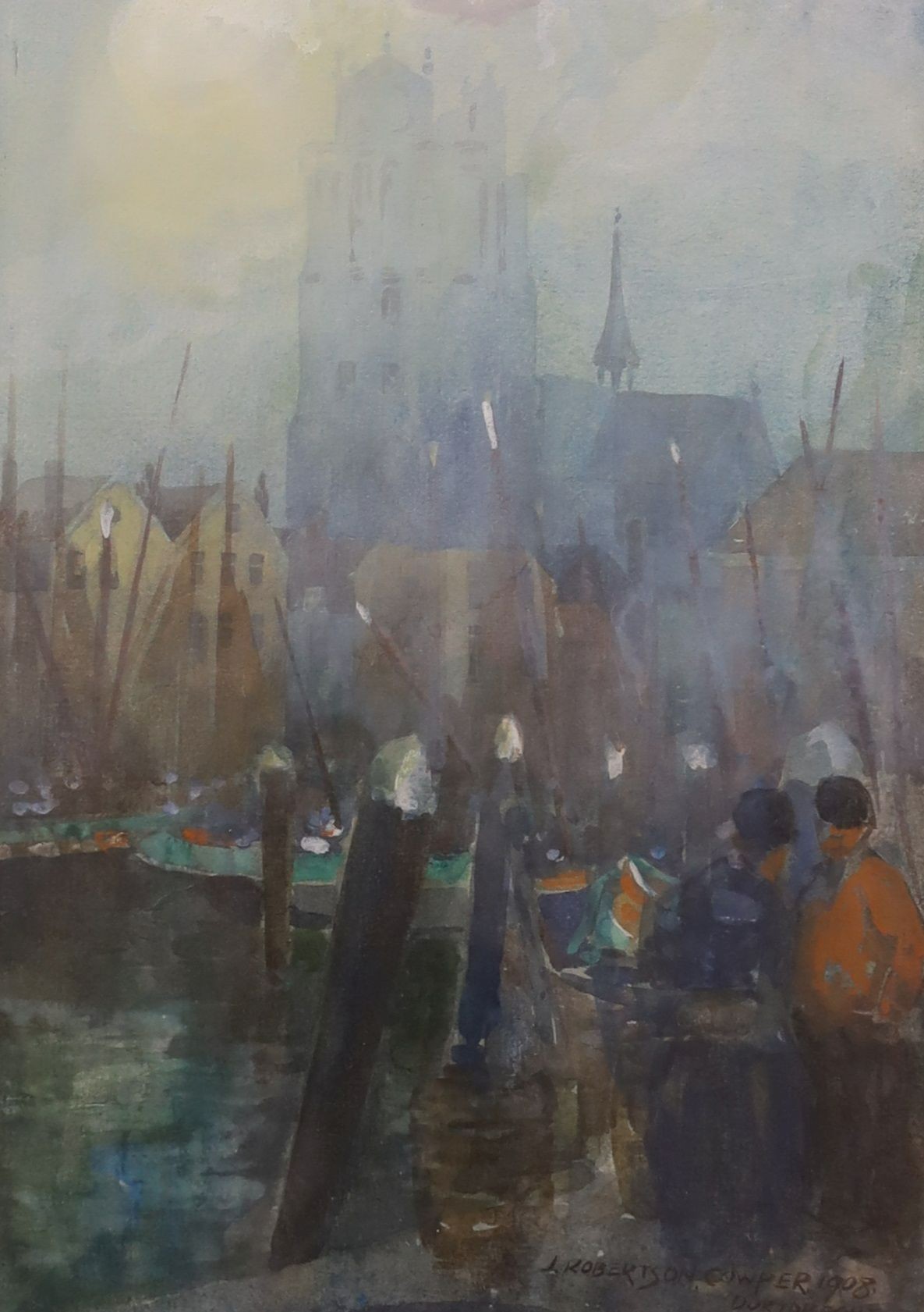 J. Robertson Cowper, watercolour, The harbour, Dordrecht, signed and dated 1908, 25 x 18cm.